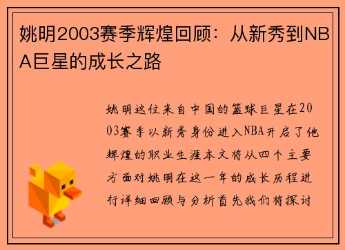 姚明2003赛季辉煌回顾：从新秀到NBA巨星的成长之路